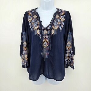Johnny Was Petite Small Tanya Georgette Blue Floral Embroider Sheer Blouse Tunic